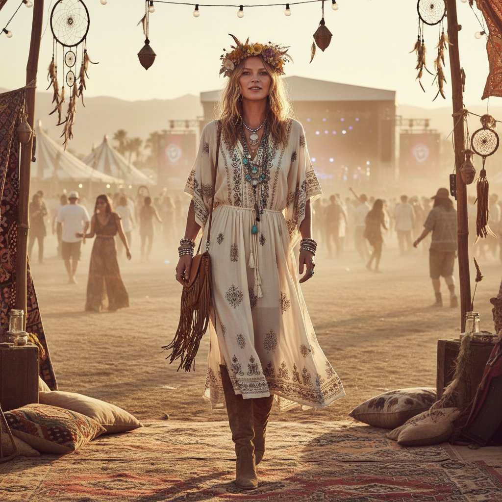 Kate Moss na festiwalu, boho inspiracja – swoboda i indywidualność