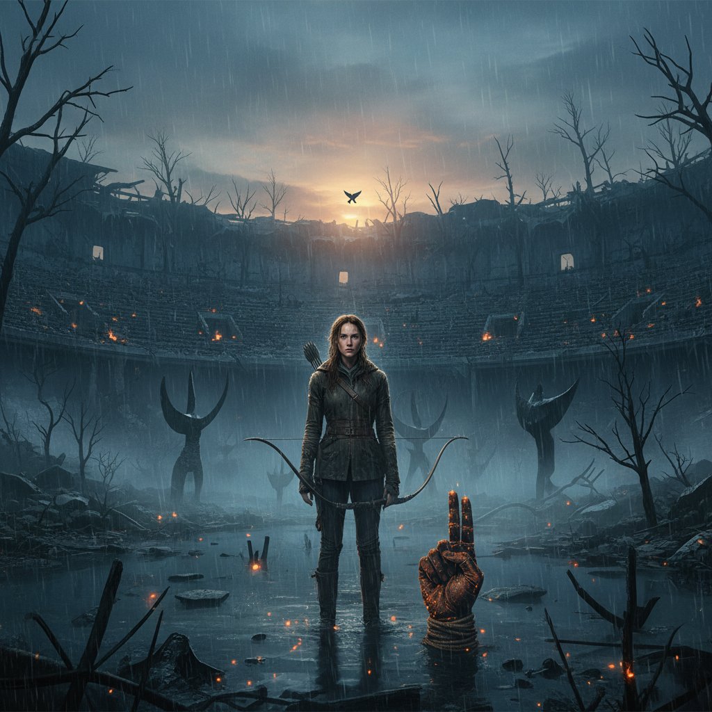 Katniss Everdeen in The Hunger Games arena, moody and symbolic