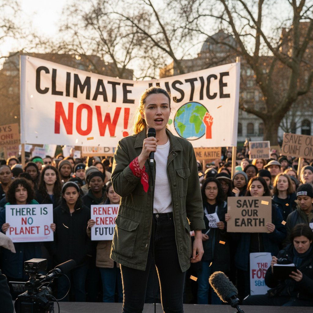 Keira Knightley at a protest, speaking passionately, activist crowd
