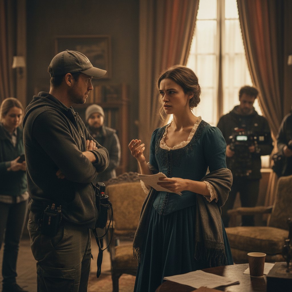 Keira Knightley behind the scenes, candid, serious, discussing script changes