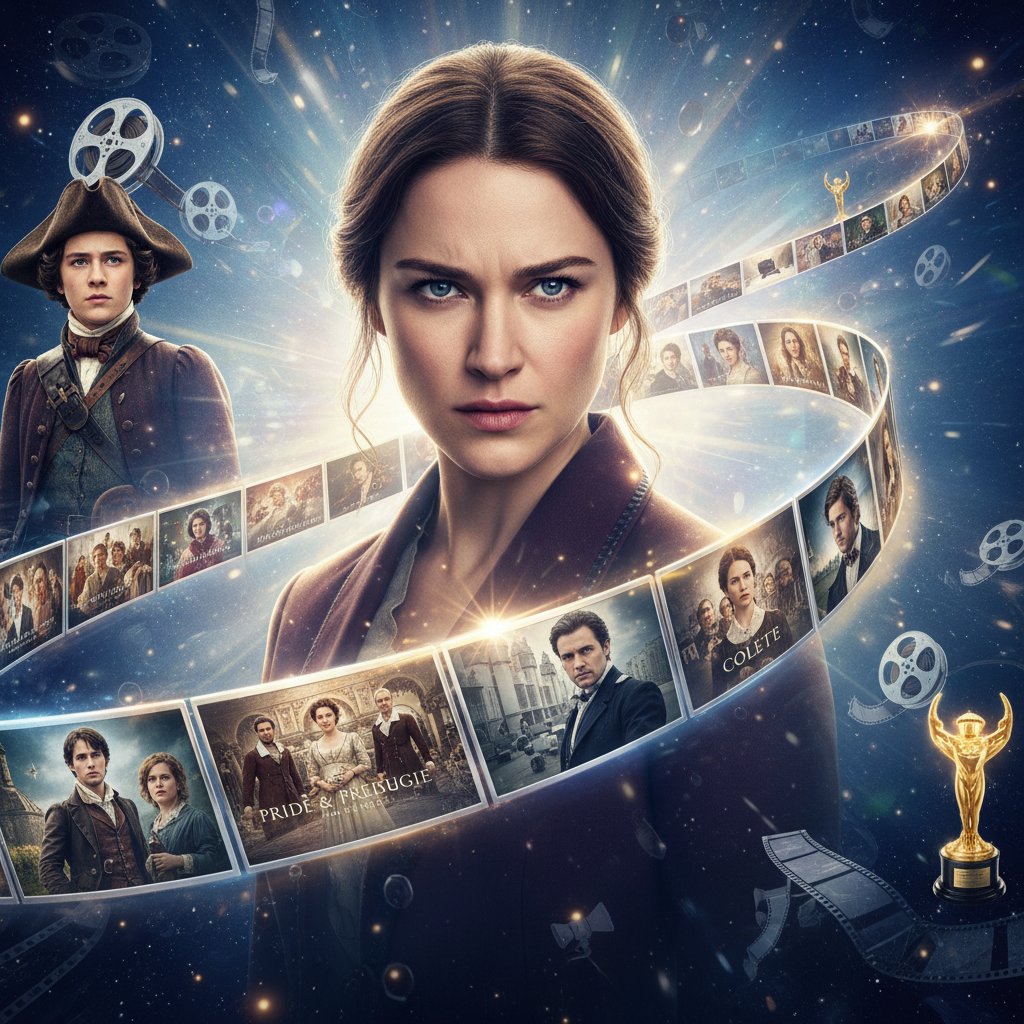 Keira Knightley career timeline montage, dramatic urban and period settings, intense expressions