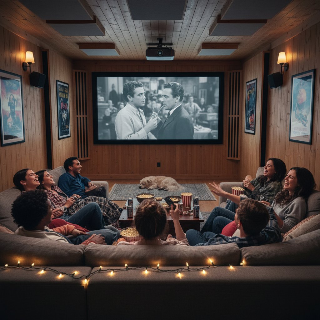 Keira Knightley movie marathon night, friends gathered, home theater setup, lively energy