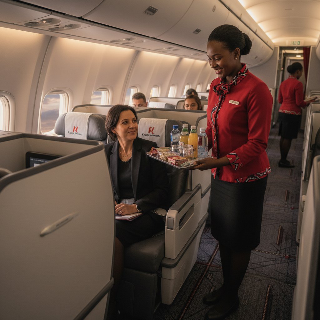 Kenya Airways cabin crew serving passengers mid-flight, smiling flight attendant with passenger, inflight service visible