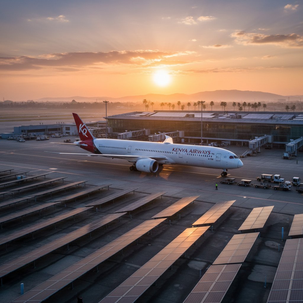 Kenya Airways jet with solar panels at airport, sunrise, sustainability theme, airport solar panels in background