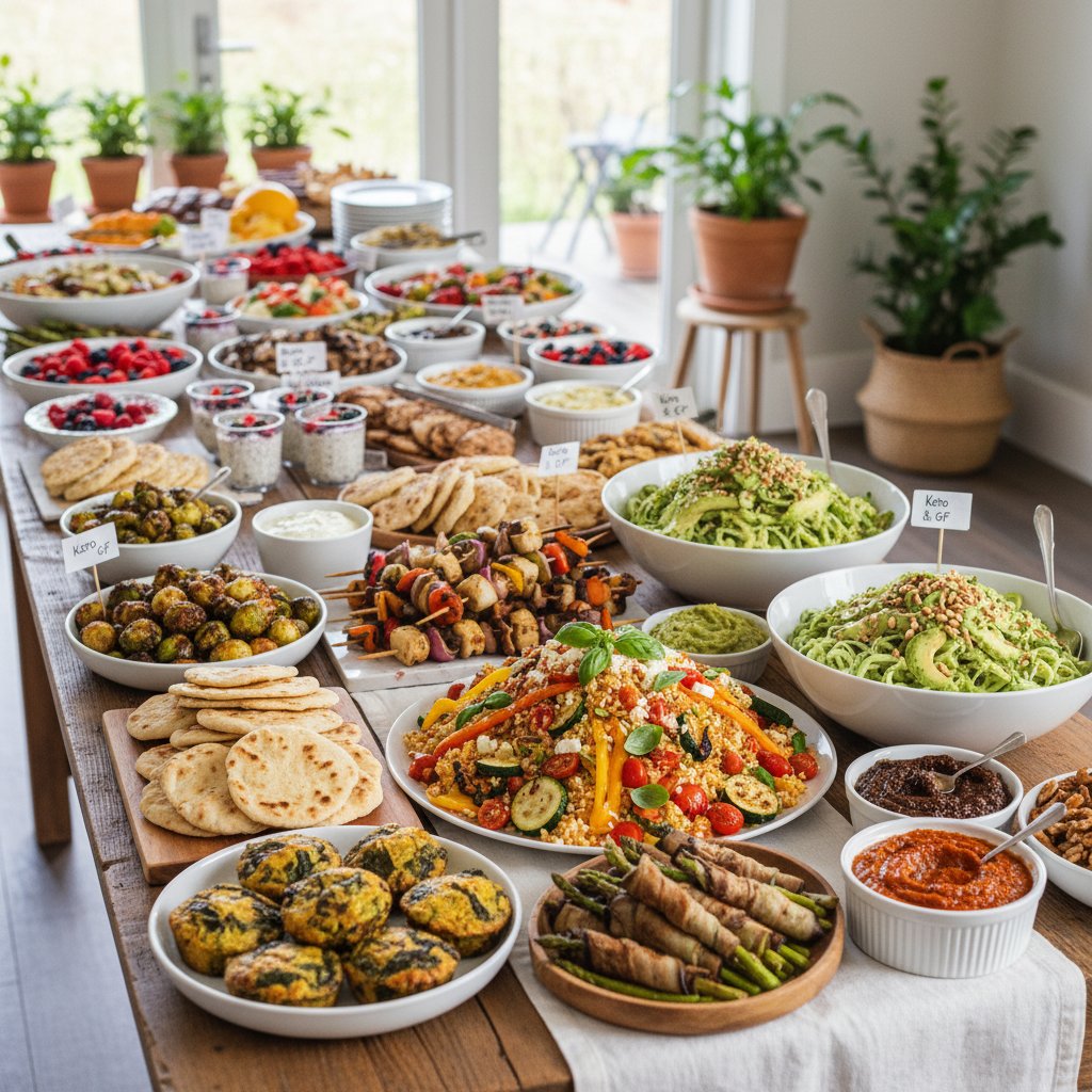 Stół z różnymi posiłkami dla diet: keto, wegetariańska, bezglutenowa, produkty wyraźnie oznaczone