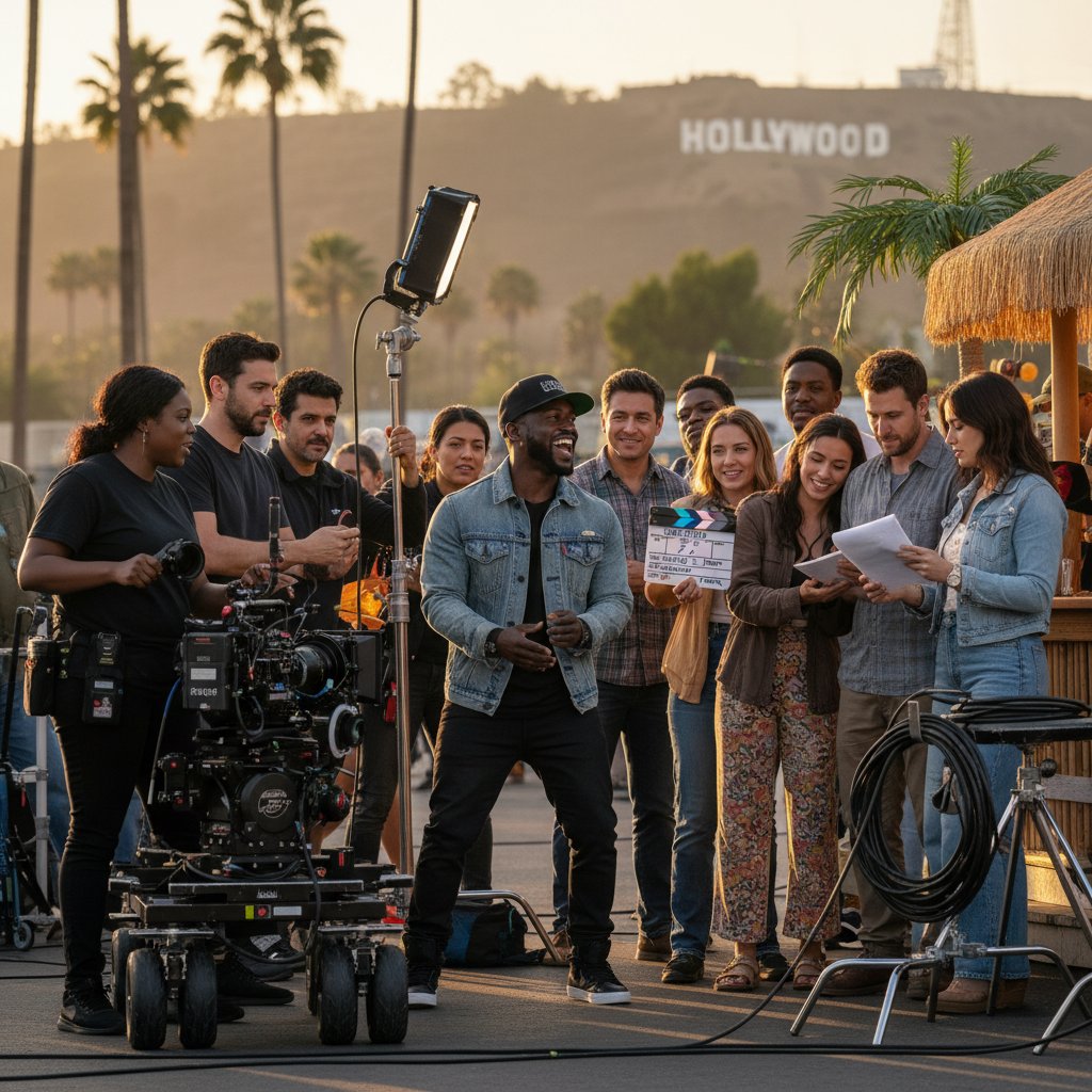 Kevin Hart on location with diverse cast and crew, symbolizing Hollywood diversity and teamwork