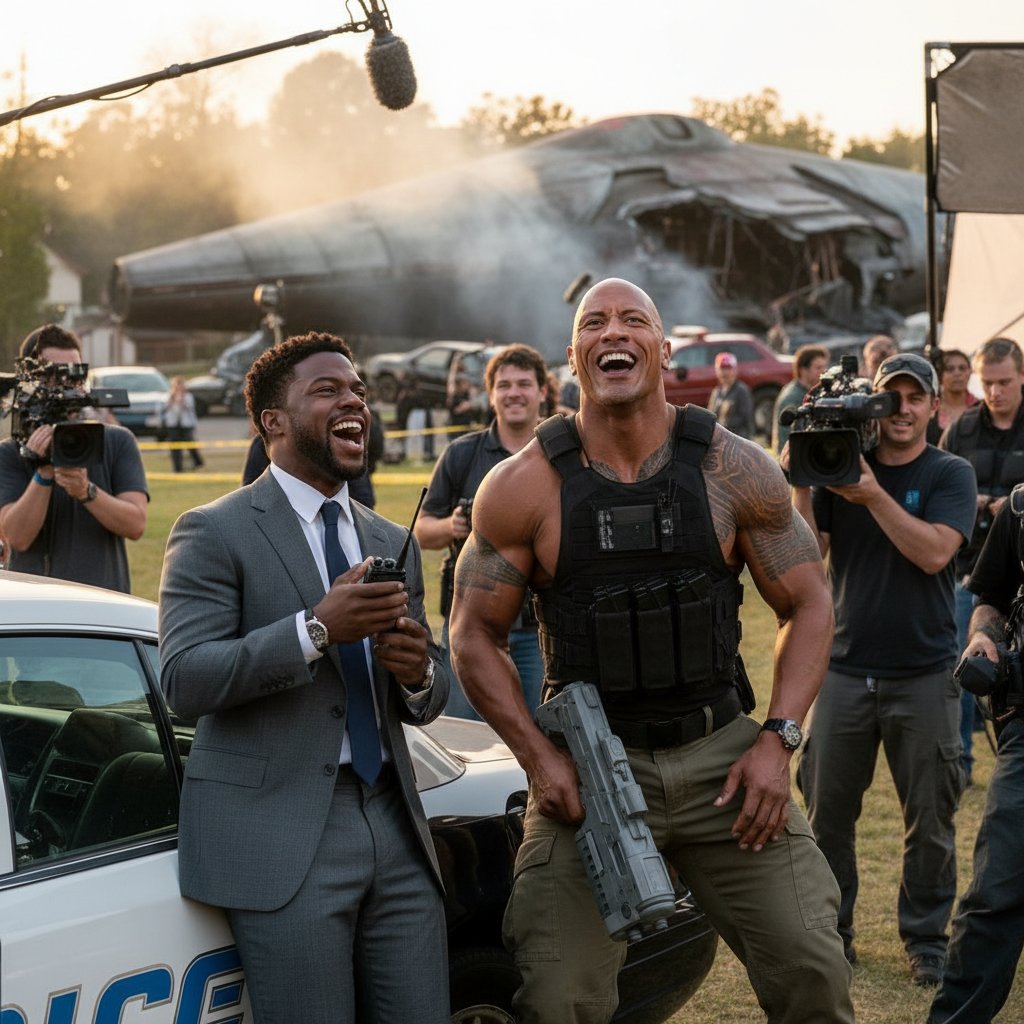 Kevin Hart and Dwayne Johnson share a laugh on set, highlighting the buddy comedy dynamic