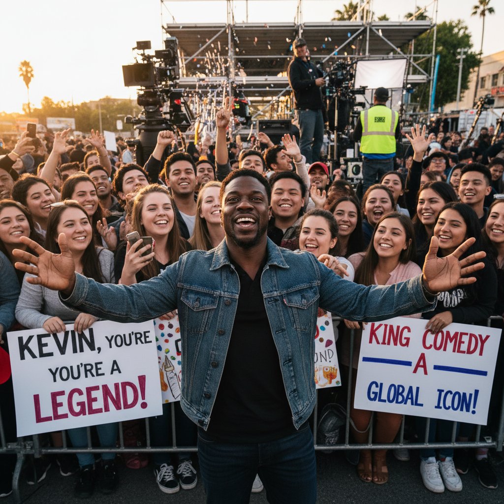 Kevin Hart smiling warmly with fans on a movie set, reflecting cultural impact and connection