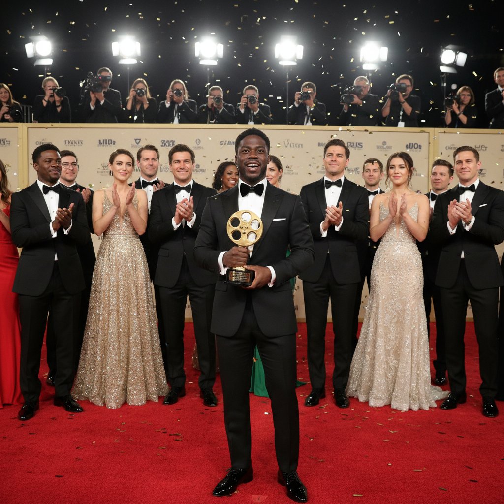 Kevin Hart in a dramatic pose on set, spotlighted among cast members, symbolizing top-ranked movies