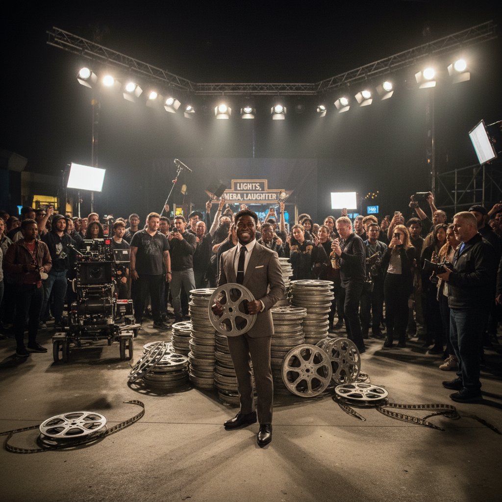 Kevin Hart brings energy and emotion to a chaotic movie set, surrounded by film reels and bright lights
