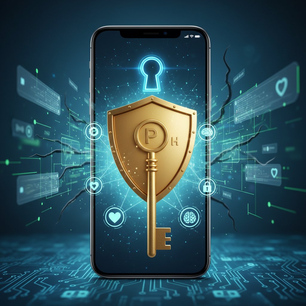 Symboliczna fotografia klucza i tarczy obok smartfona – ochrona prywatności przy korzystaniu z porad zdrowotnych online