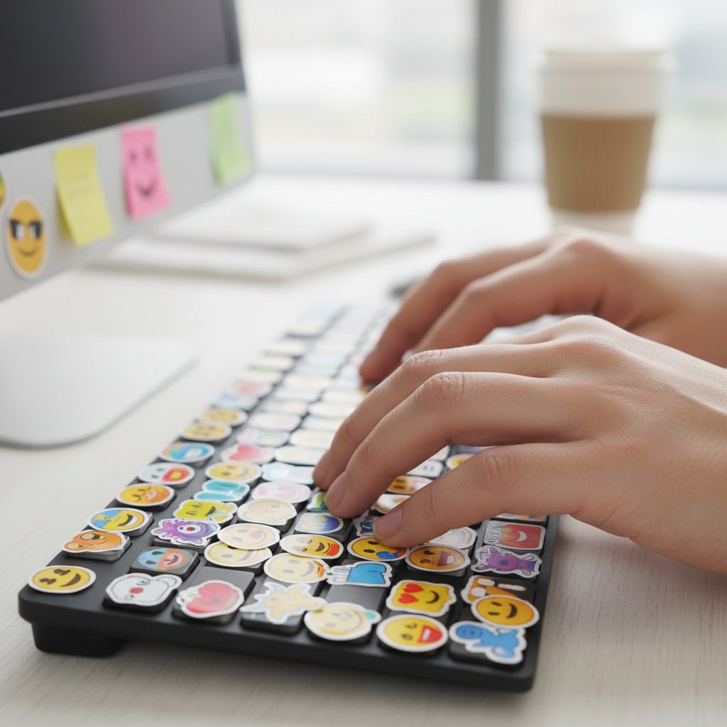 Dłonie piszące na klawiaturze z naklejkami emoji, poprawa humoru rozmową online