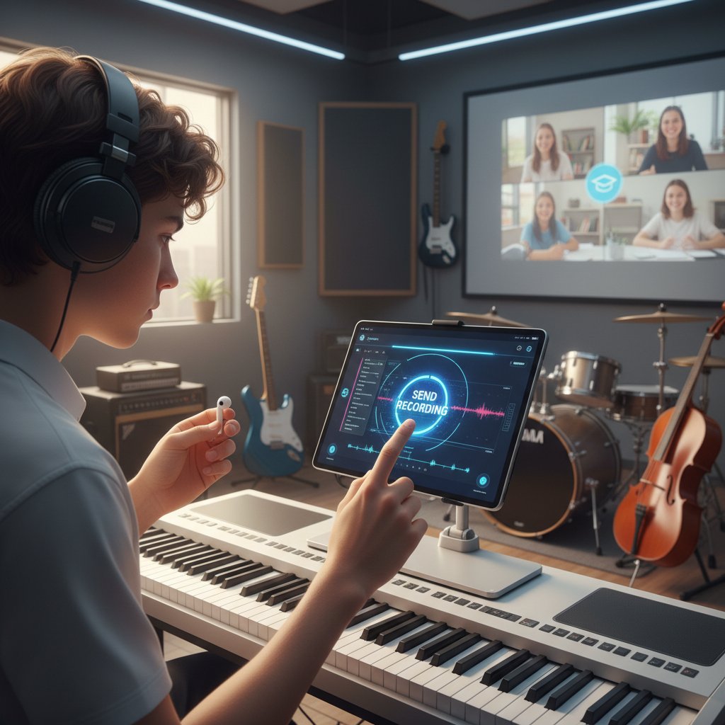 Uczeń przesyłający nagranie z keyboardu nauczycielowi przez aplikację na laptopie