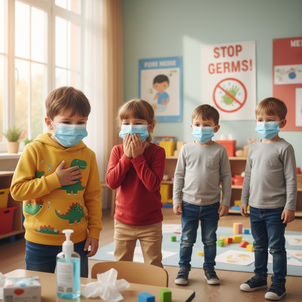 Grupa dzieci w przedszkolu, jedno dziecko kaszlące, reszta w maseczkach, żywa scena codzienności, słowa kluczowe: adenowirus, dzieci, zakażenie