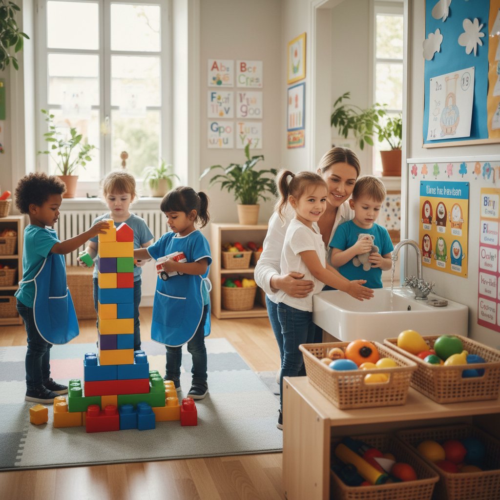 Grupa dzieci w przedszkolu podczas zabawy wspólnymi zabawkami, naturalna sceneria, słowa kluczowe: adenowirus, dzieci, przedszkole, higiena