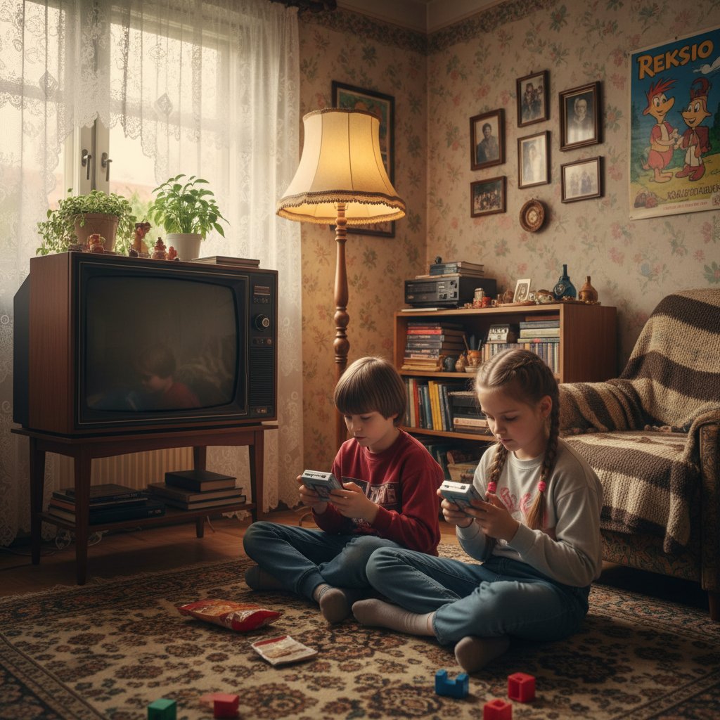 Dzieci bawiące się pierwszymi wirtualnymi zwierzakami w latach 90., nostalgia, ciepłe światło, retro