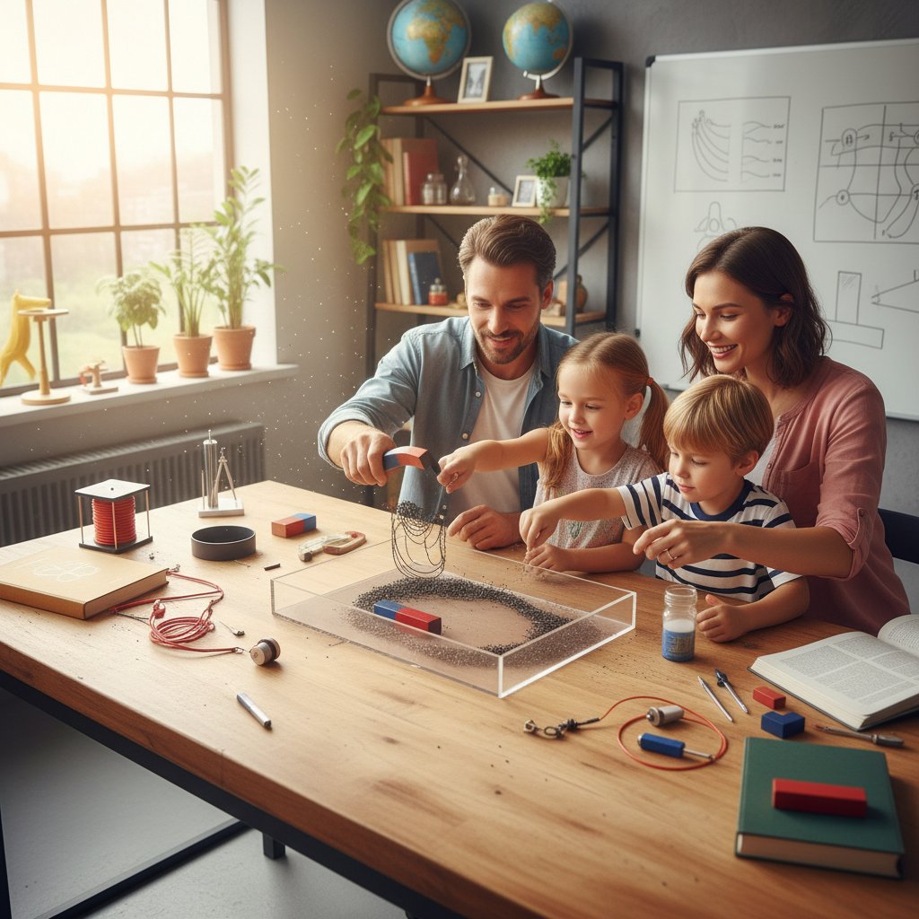 Domowy eksperyment z polem magnetycznym – dzieci i dorosły wspólnie badają pole wokół magnesów