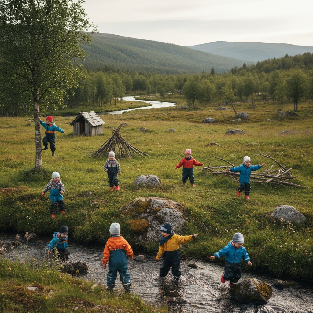 Grupa dzieci bawiąca się na świeżym powietrzu, przedszkole w Skandynawii, swoboda i natura