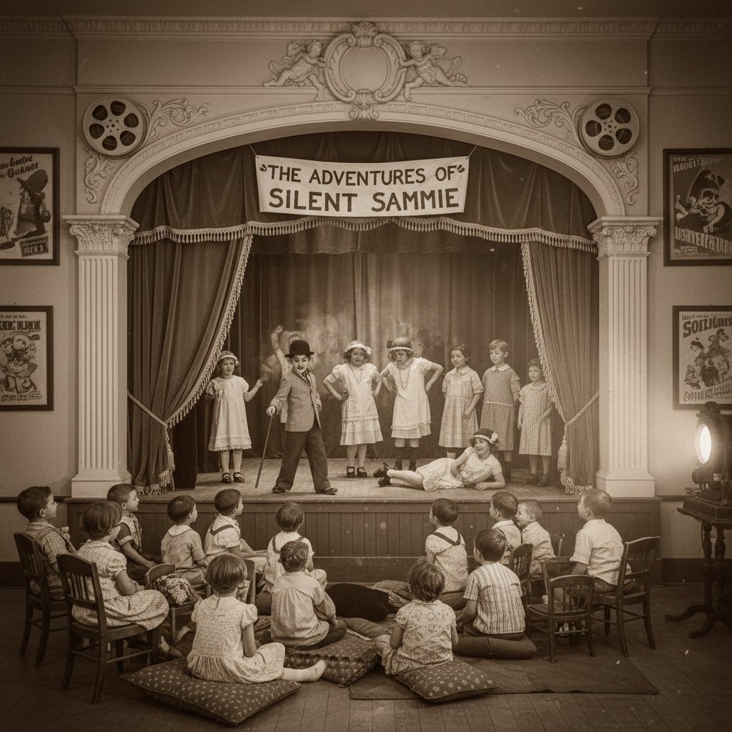 Kids watching black-and-white film in vintage theater, classic children’s cinema nostalgia