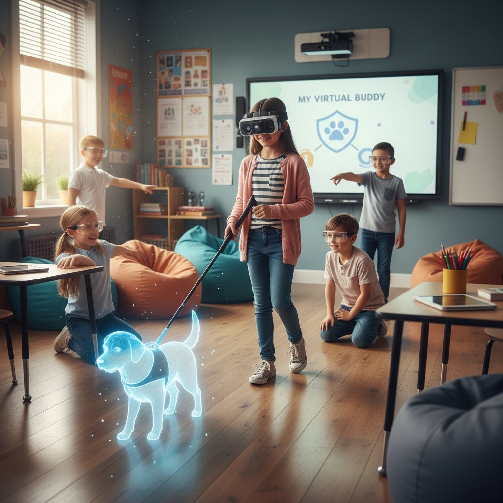 Dzieci uczące się z wirtualnym psem przewodnikiem w klasie