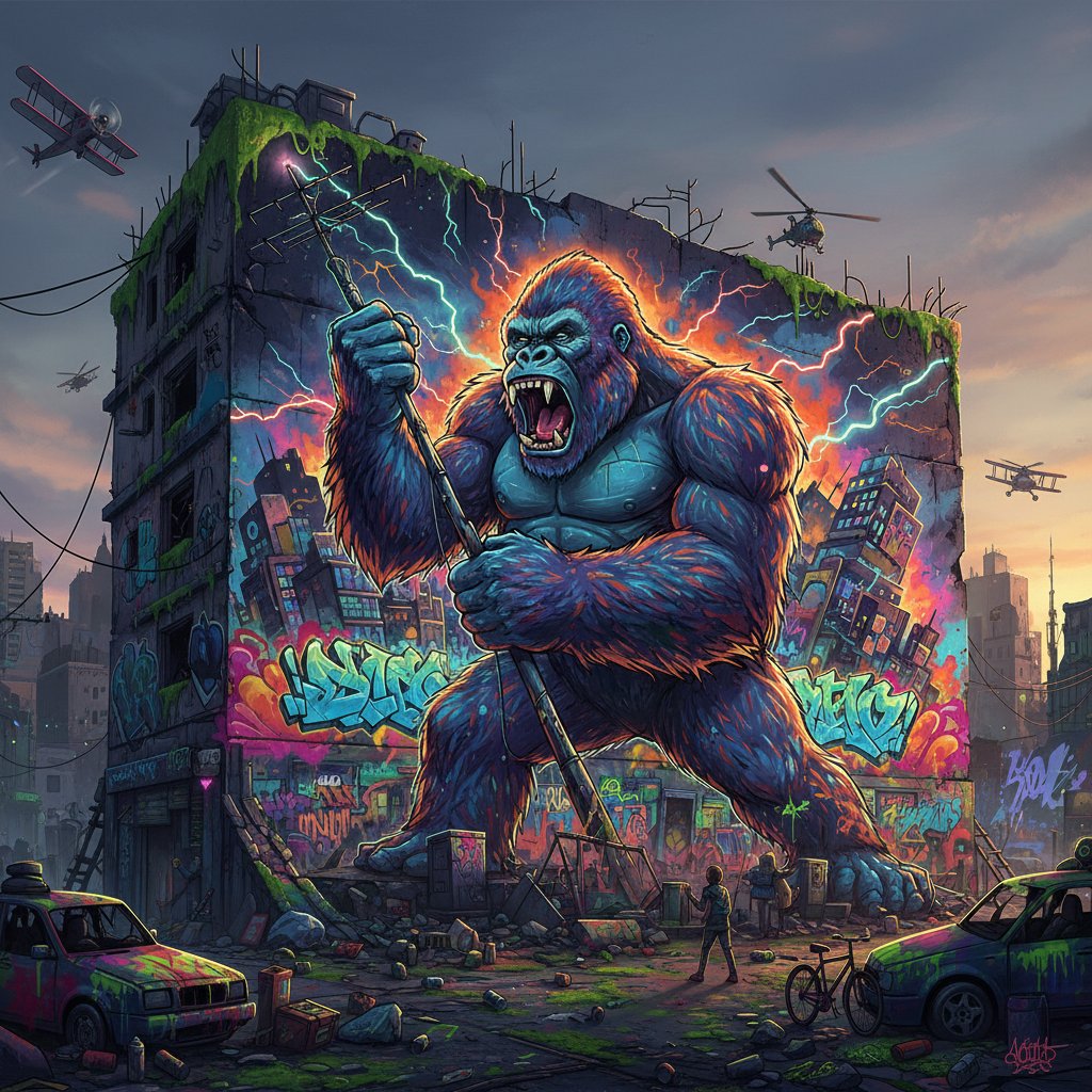 Graffiti mural of King Kong in neon colors, busy urban scene, king kong pop culture influence