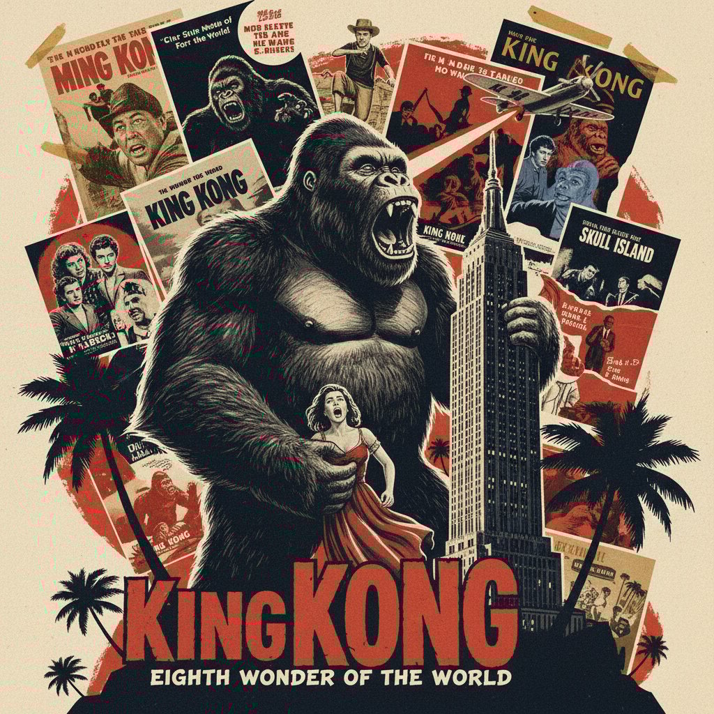 Grid of king kong movie posters, high-contrast, stylized collage for best king kong films