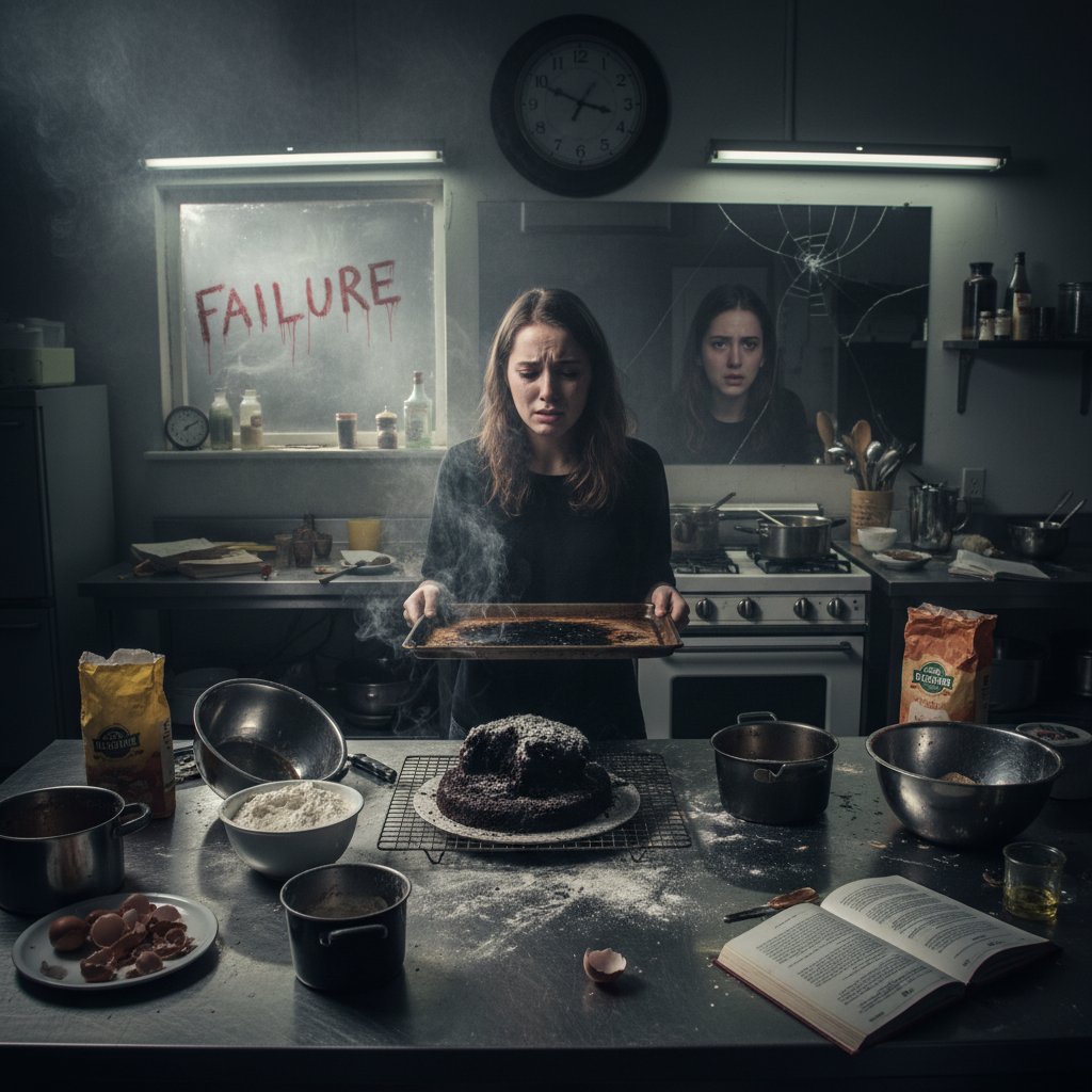 Ilustracja psychologicznych blokad w kuchni – osoba patrząca z niepewnością na blat pełen składników