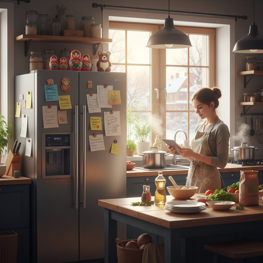 Kuchnia, na lodówce przyklejone notatki z rosyjskimi słówkami, osoba gotuje