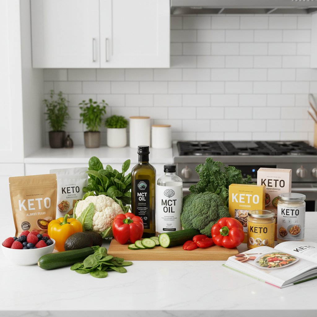 Kolorowa kuchnia z produktami keto, oliwą z oliwek, warzywami i butelką MCT – MCT w różnych dietach