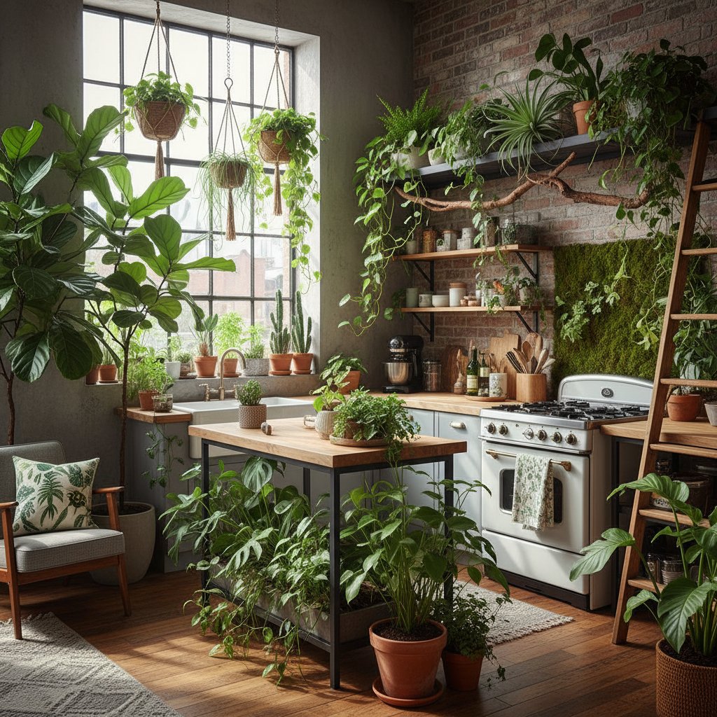 Zdjęcie kuchni zamienionej w zieloną dżunglę przez pasjonatkę roślin