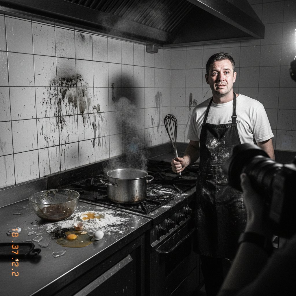 Kuchenny chaos i nieudane dania są początkiem mistrzostwa gotowania, obraz z wysokim kontrastem i surowym klimatem