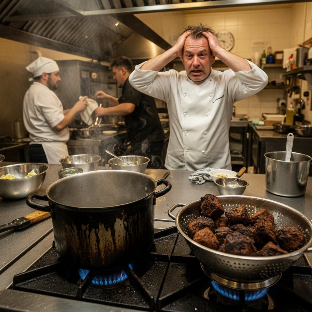 Kuchenne katastrofy: przypalony garnek, rozgotowane pierogi, kucharz w lekkiej panice
