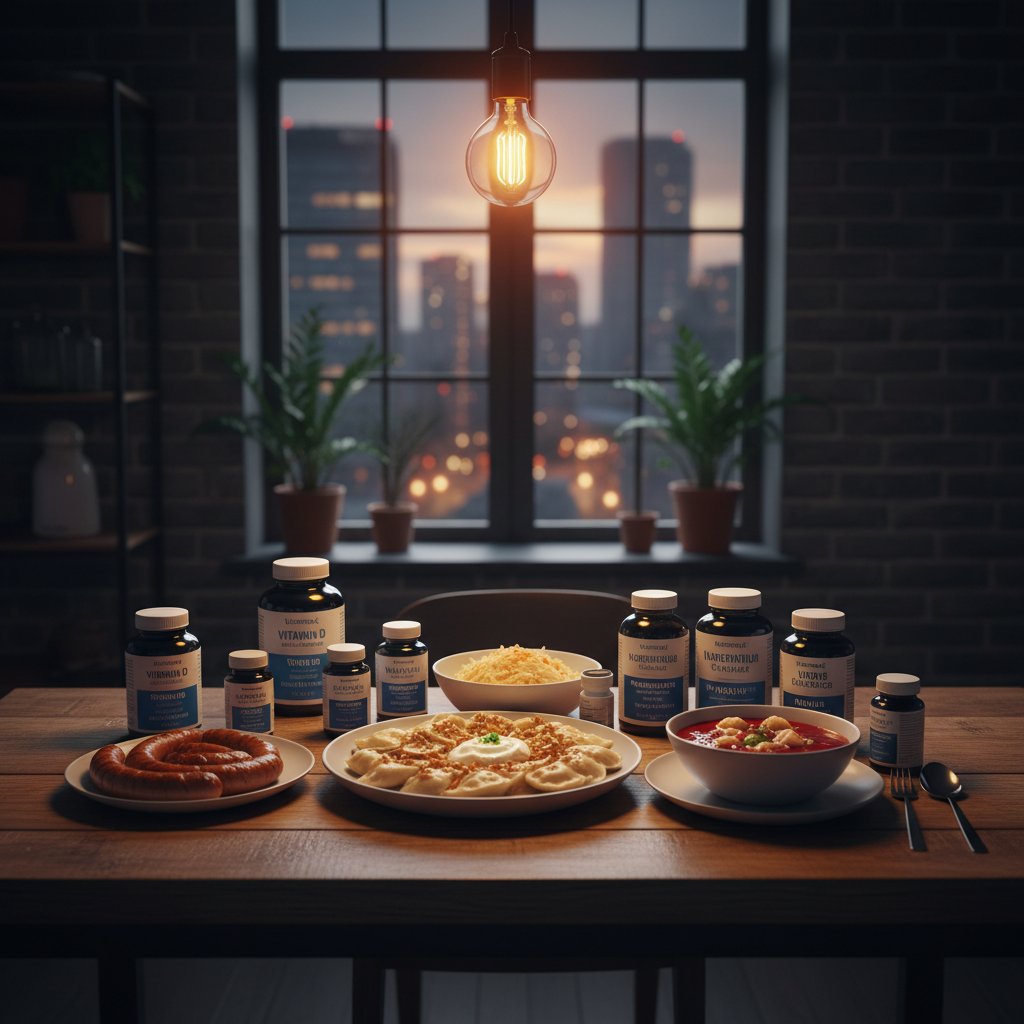 Stół kuchenny z polskimi produktami bogatymi w mikroskładniki i suplementami, dłonie sięgają po jedzenie i tabletki