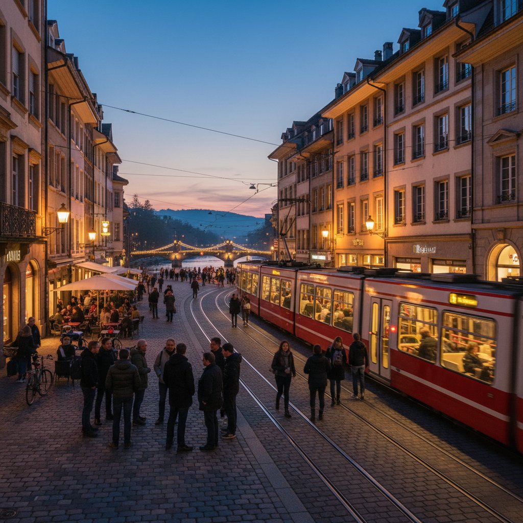 Evening view of Kleinbasel street life with city atmosphere, contextual street photo