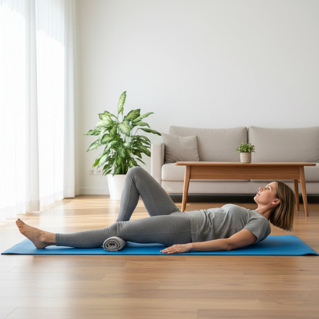 Osoba wykonująca ćwiczenia rehabilitacyjne na kolano w domowym salonie – zdjęcie realistyczne, podkreślające codzienną walkę o sprawność