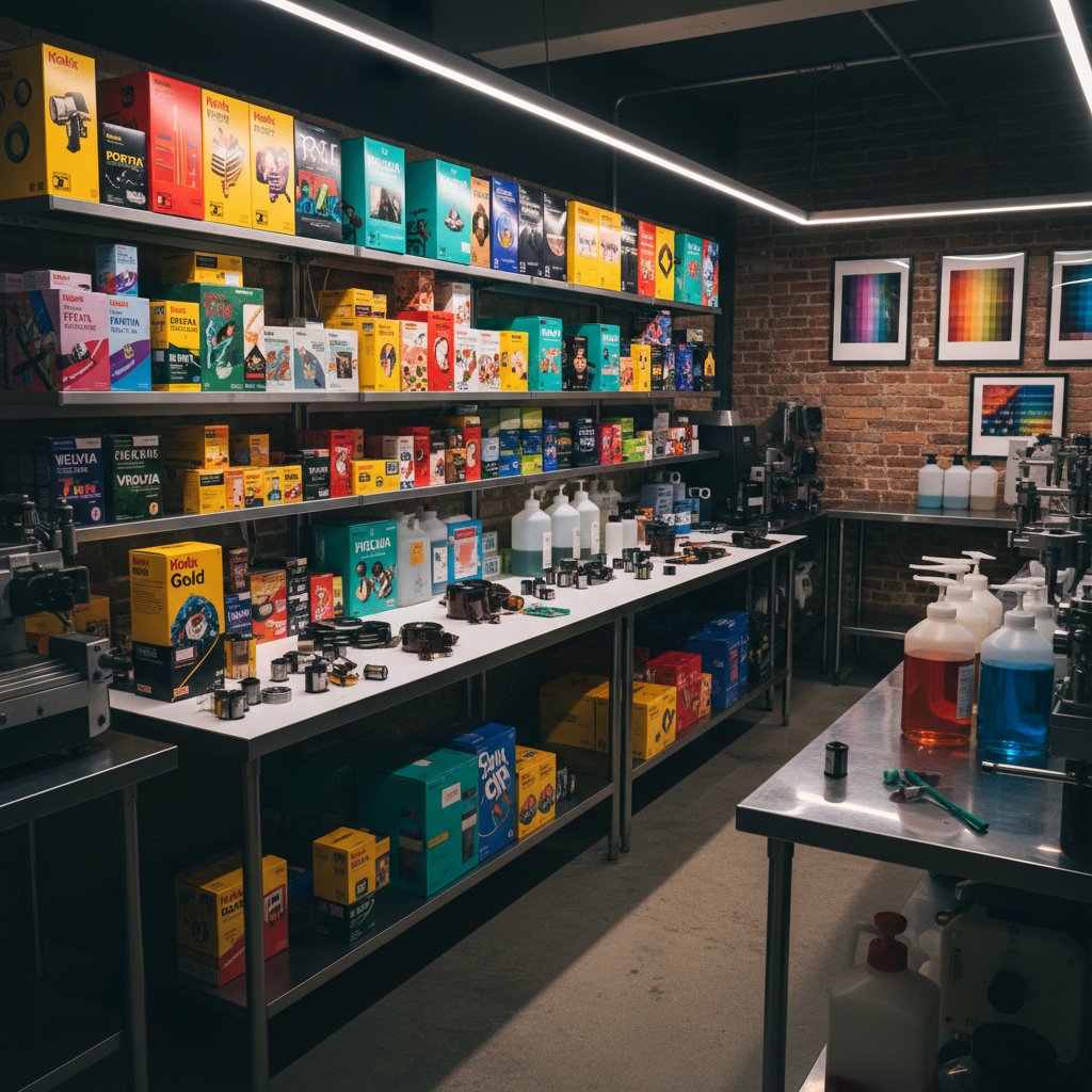 Close-up of Kodak and Fuji movie film stocks in a modern film lab, vibrant packaging