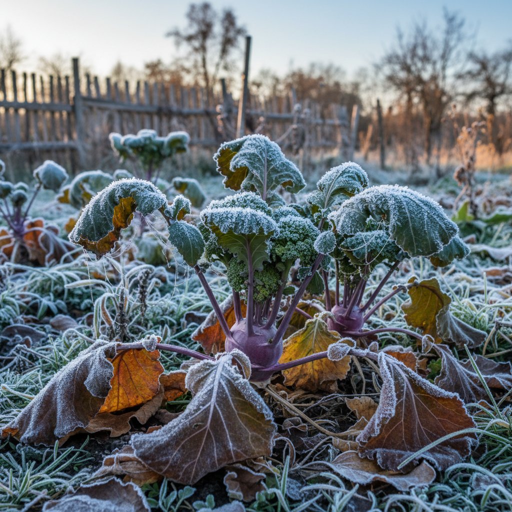 Grządki z kalarepą i brokułami pokryte pierwszym szronem w ogrodzie