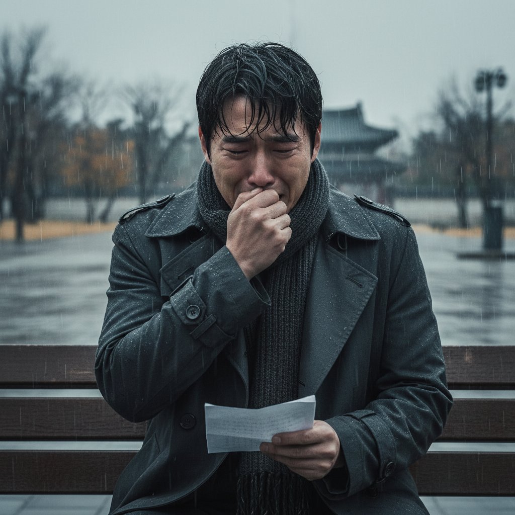 Korean actor in emotionally intense movie scene, neon city lights reflecting in eyes