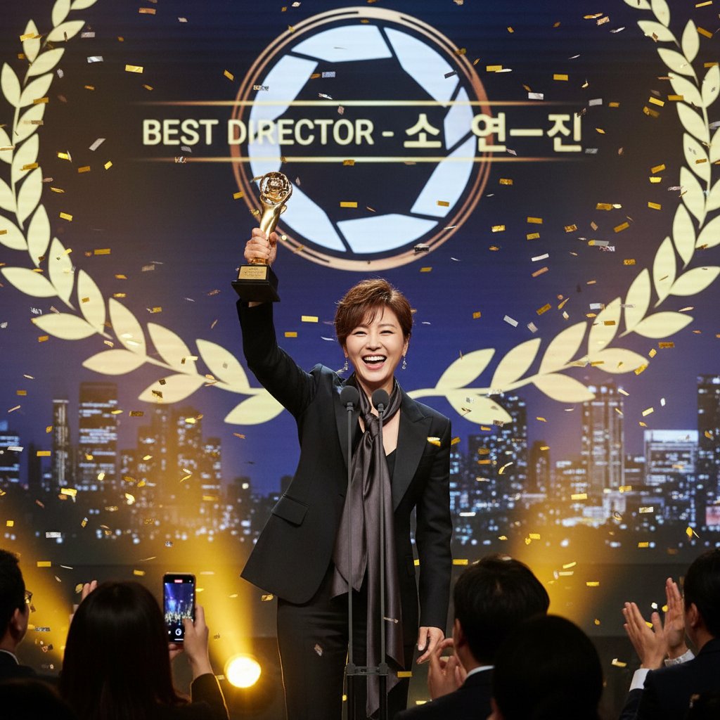 Korean film director celebrating global award victory, holding Palme d’Or trophy