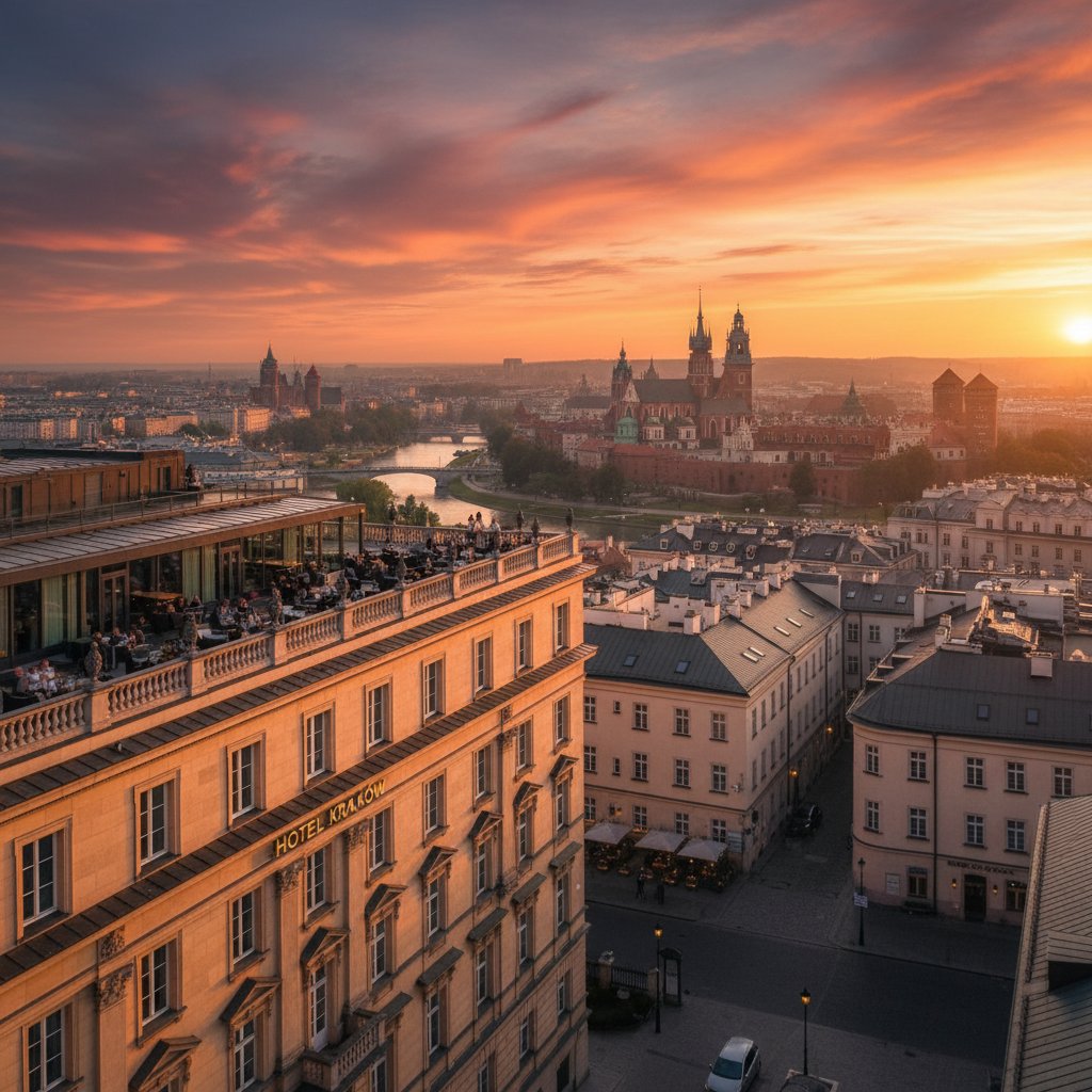 Panorama Krakowa z luksusowym hotelem na pierwszym planie o zachodzie słońca