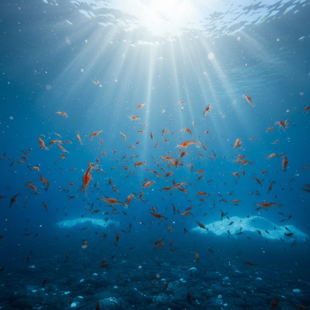 Zbliżenie kryla pod powierzchnią lodowatej wody, dramatyczne światło, symbolizujące surową moc natury i siłę omega-3