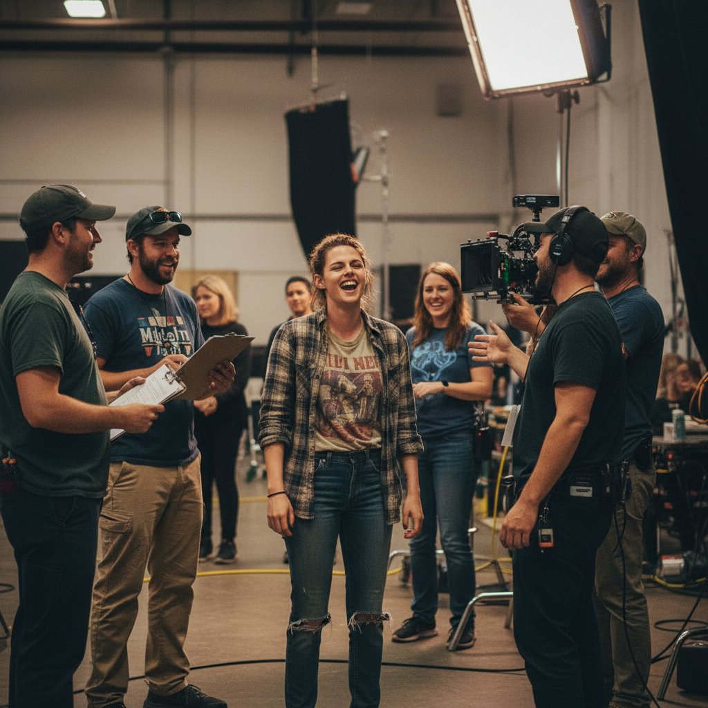 Kristen Stewart behind the scenes, candid moment laughing with crew, showing risk and authenticity