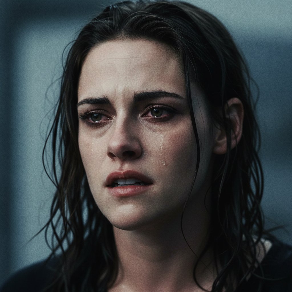 Kristen Stewart in an intense dramatic moment, close-up showing raw emotion and unique acting style