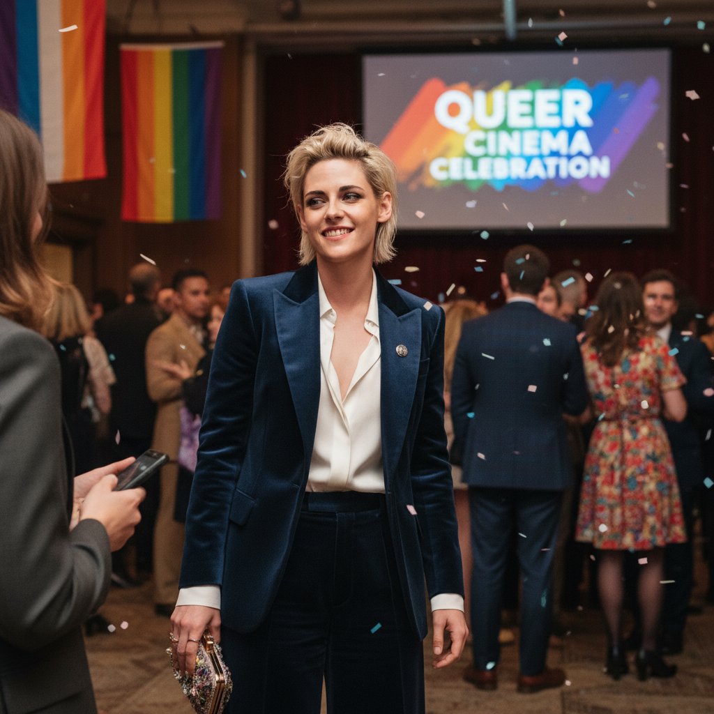 Kristen Stewart at a major LGBTQ+ film event, stylish and candid, exuding queer icon energy