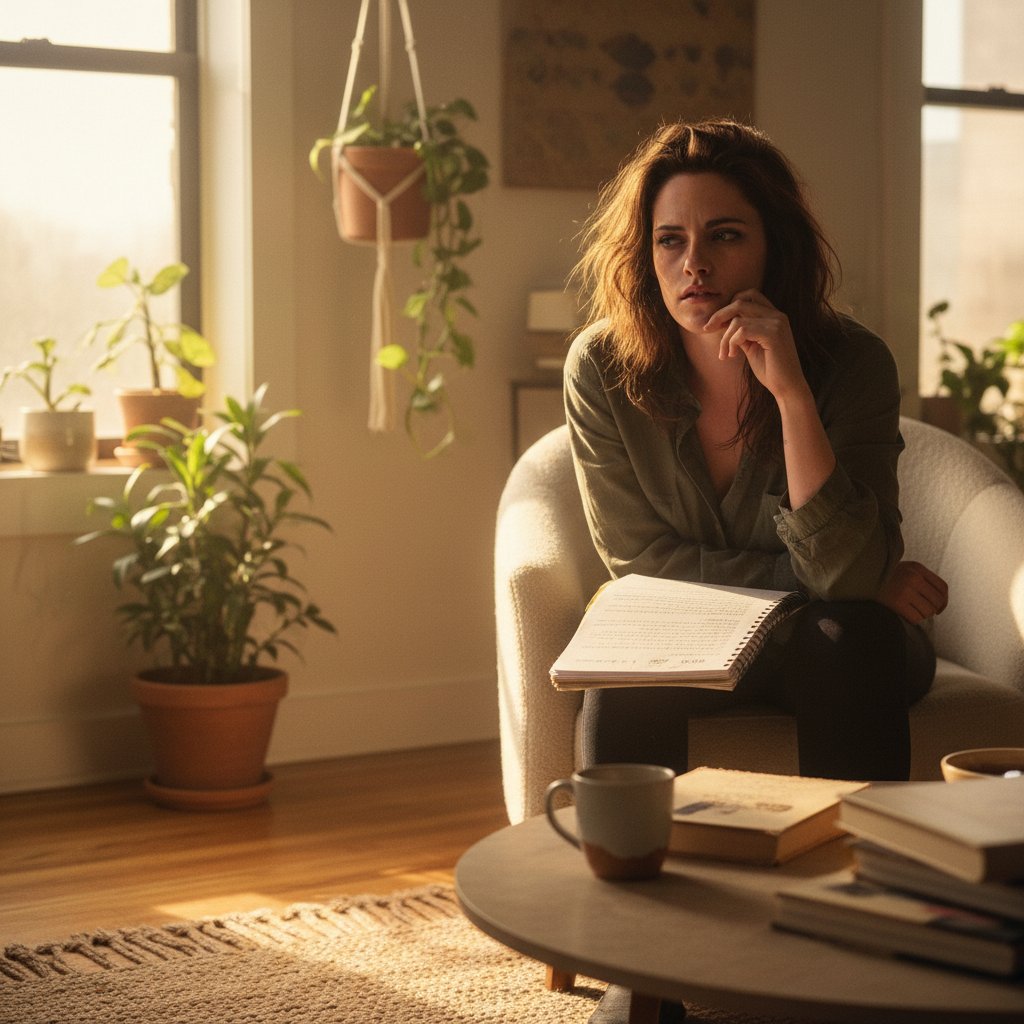 Kristen Stewart choosing her next role, reading a script in a sunlit room, looking thoughtful