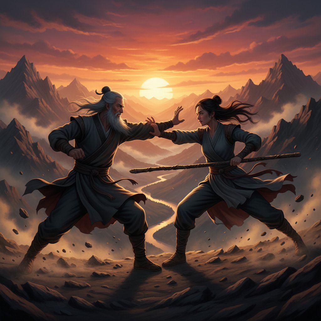 Dramatic kung fu duel at sunset with emotional tension