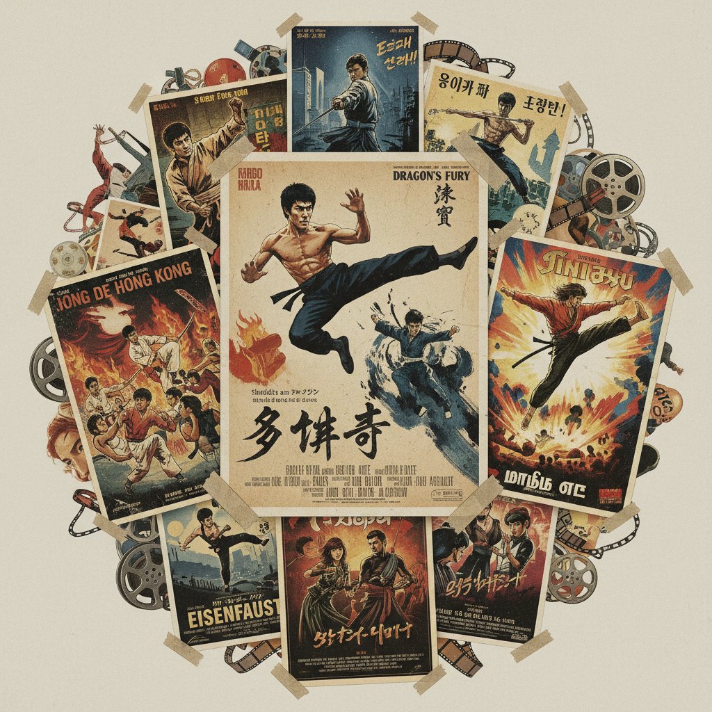 Collage of iconic kung fu movie posters from across the world