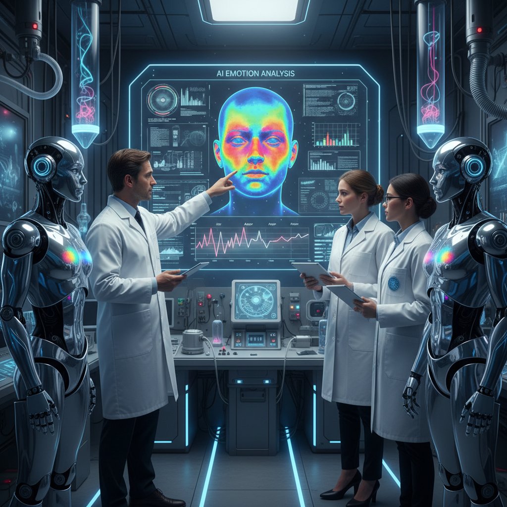 Zdjęcie laboratorium, gdzie naukowiec analizuje dane emocjonalne w AI