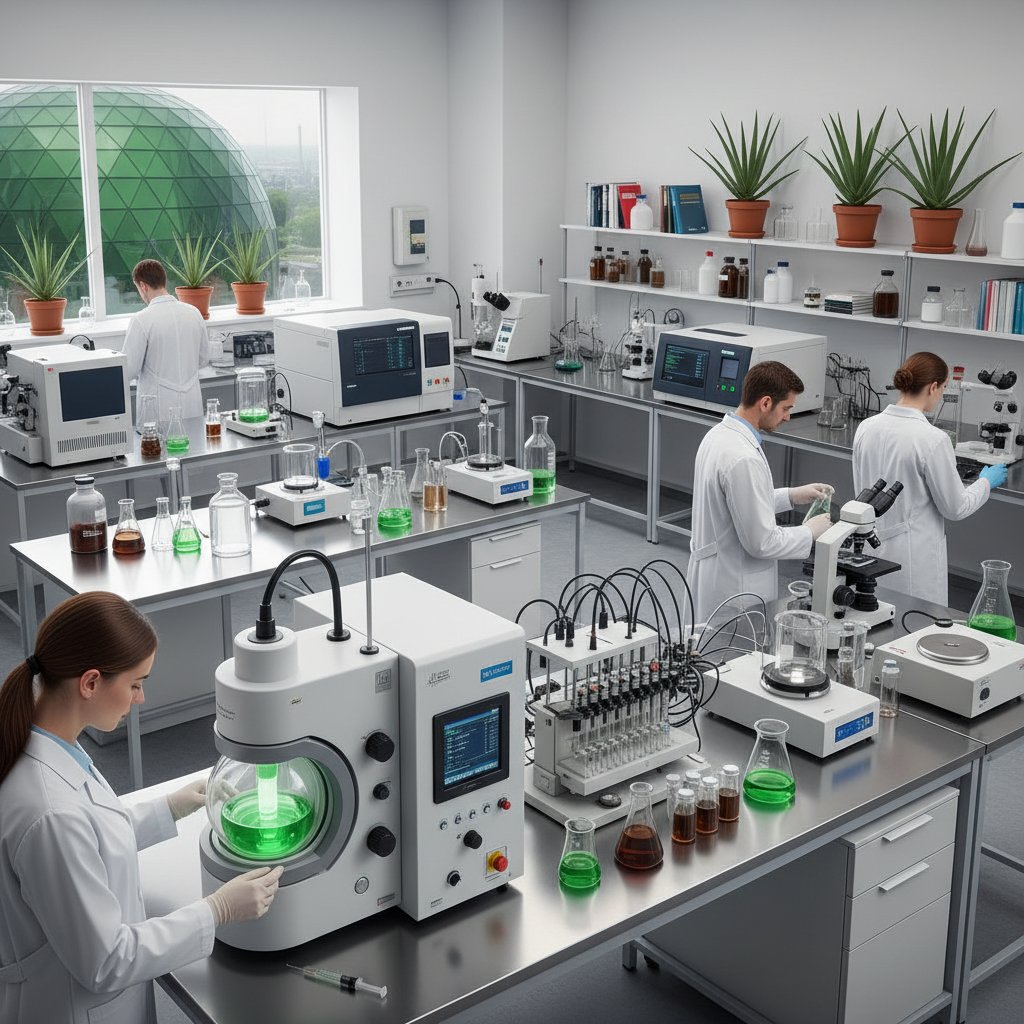 Laboratorium biotechnologiczne, naukowcy analizujący miąższ aloesu, nowoczesny sprzęt