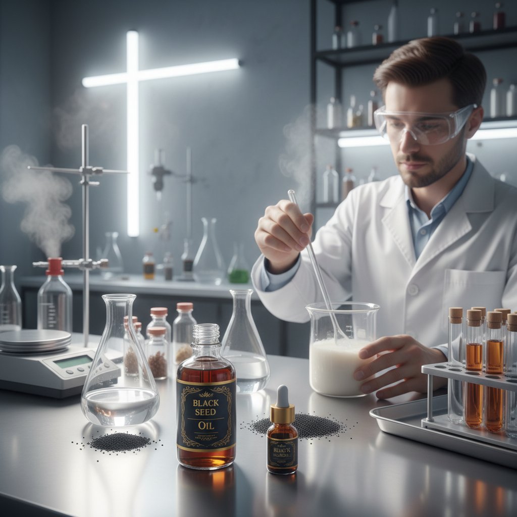 Ręka z pipetą nakładająca olej z czarnuszki do kremu w laboratorium